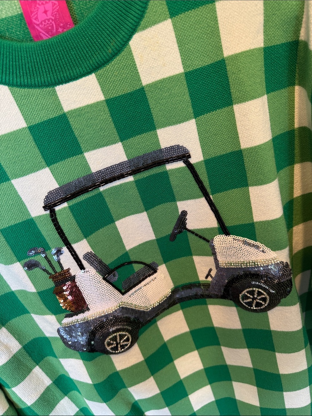 Queen of Sparkles Green and White Check Golf Cart Knit Sweater - Picture 3 of 3